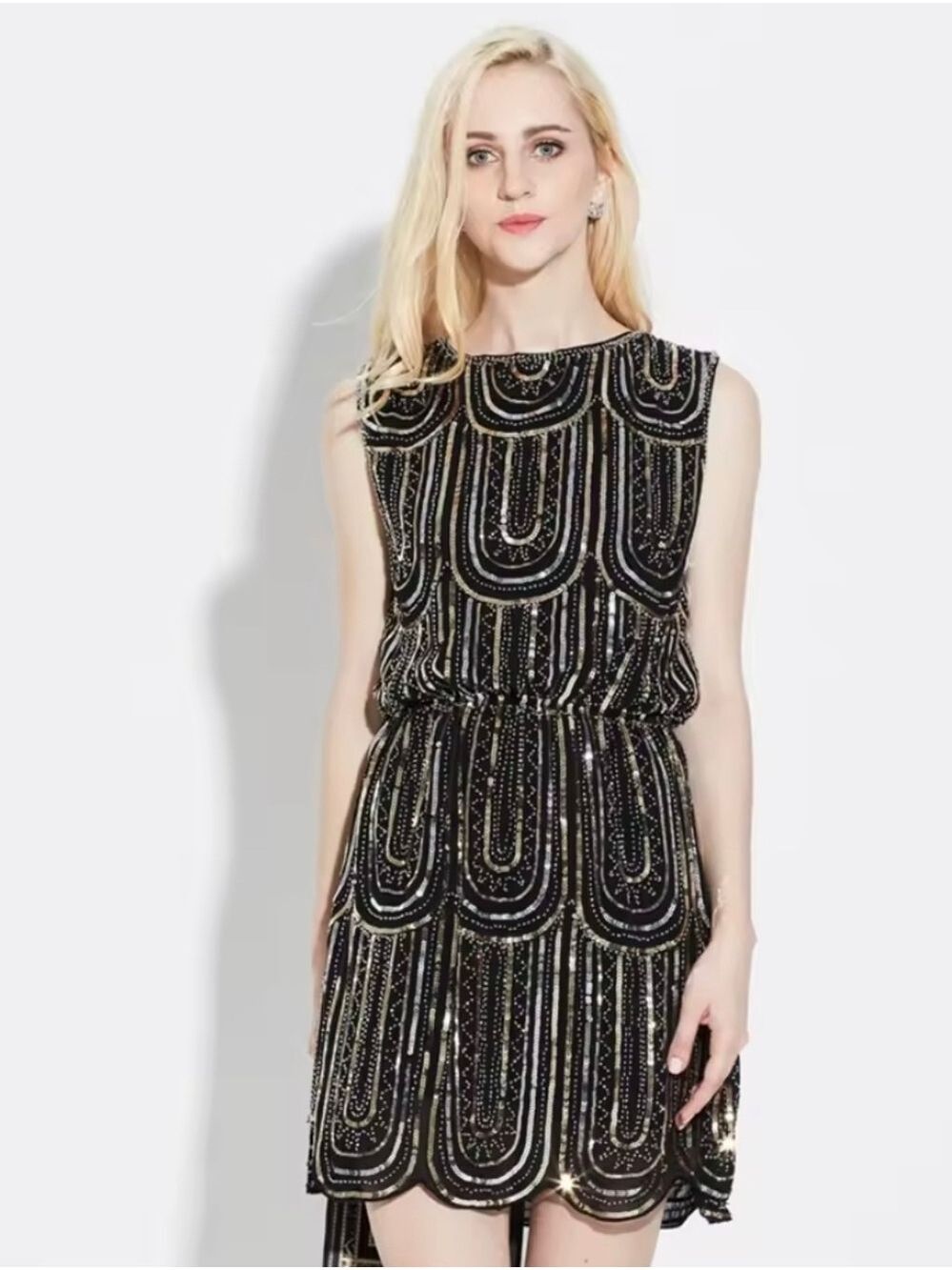 Sequin Beaded Mini Dress Art Deco Geometric Scalloped Hem Cocktail Flapper New